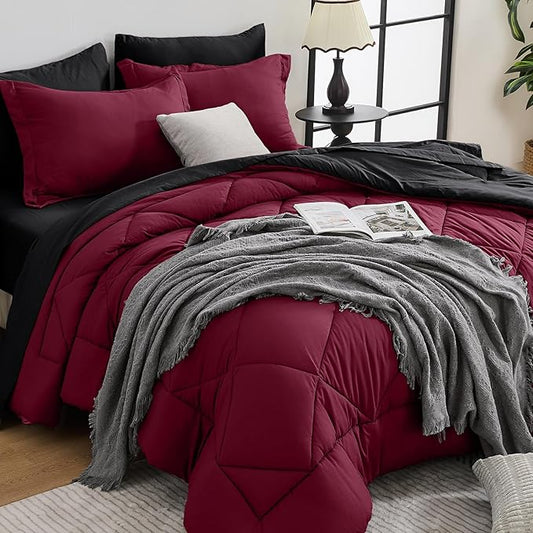 HEVUMYI Red & Black Twin-XL Comforter Set - 5-Piece All Season Bed in a Bag Twin-XL, Ultra Soft Bedding Set with Burgundy Comforter, Flat Sheet, Fitted Sheet, Pillowcases, Pillow Shams