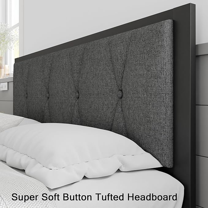 Queen Size Metal Bed Frame, Platform Bed with Upholstered Button Tufted Headboard, 12" Underbed Storage, Steel Slats Support, No Box Spring Needed, Easy Assembly, Noise-Free, Dark Grey