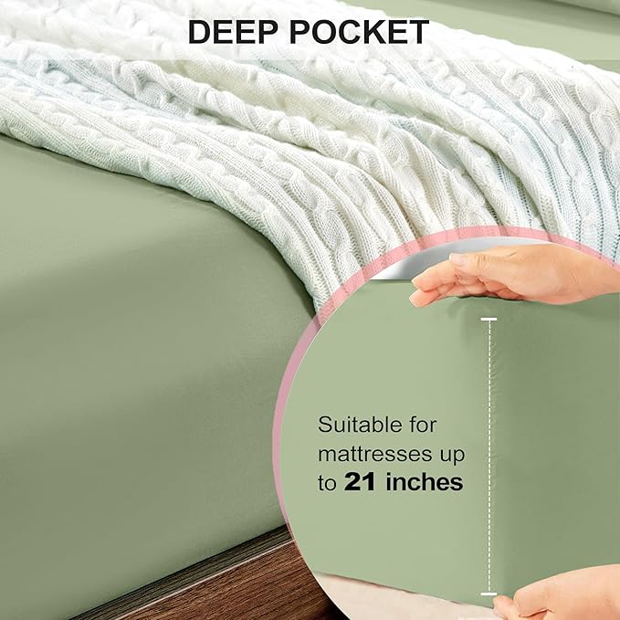 FreshCulture King Fitted Sheet Only - Hotel Quality Ultra Soft & Breathable Brushed Microfiber Fitted Sheet with 21 Inch Deep Pockets - Fits King Size Bed (Sage Green)