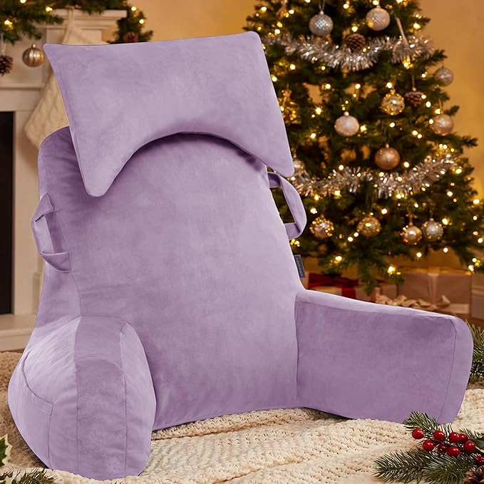 Portable Reading Pillows with Headrest for Bed Sitting Up(Lavender Purple Oeko-Tex), Velvet Back Pillow with Arms & Pockets for Adults, Support Memory Foam Bed Pillow for Dorm/Reading/Gaming