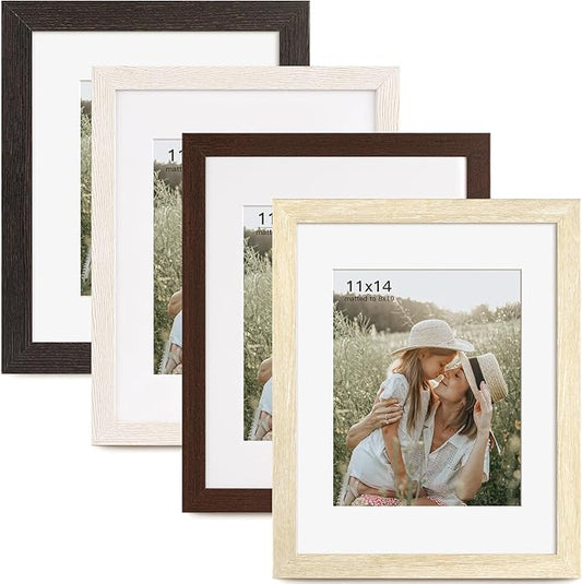 11x14 Picture Frame with Mat for 8x10 Set of 4, Multicolour Wood Grain 11 x 14 Gallery Wall Picture Frames for Wall Mounting(4 Pack, Multicolour)