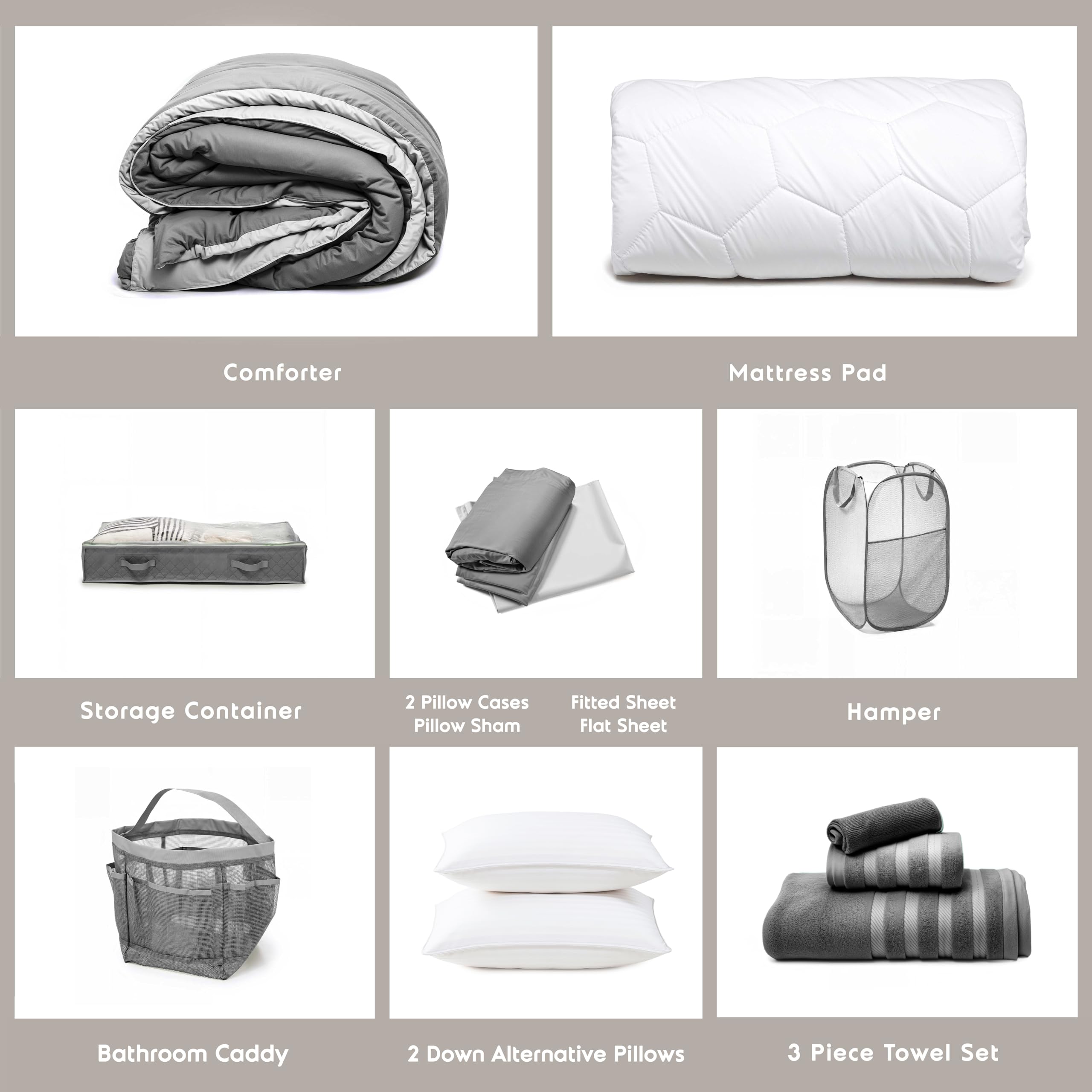 Hearth & Harbor Complete Dorm Room Set, Twin XL Comforter Set, Sheet Set, Mattress Protector, Towels and Organizers - All Dorm Accessories Included Dormly