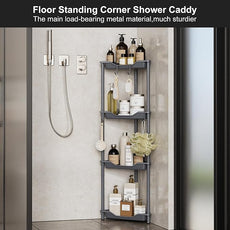 Orimade Rustproof 4 Tier Floor Standing Corner Shower Caddy Organizer, Plastic Metal Splicing Floor Corner Shelf Rack Storage Stands for Bathroom,10.8 x 10.8 x 44.6 inches, Grey