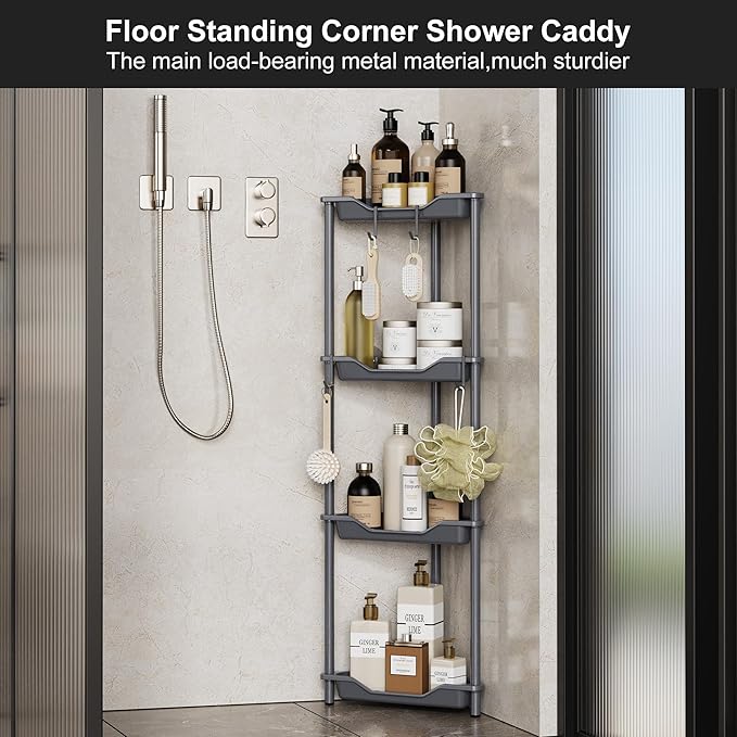 Orimade Rustproof 4 Tier Floor Standing Corner Shower Caddy Organizer, Plastic Metal Splicing Floor Corner Shelf Rack Storage Stands for Bathroom,10.8 x 10.8 x 44.6 inches, Grey