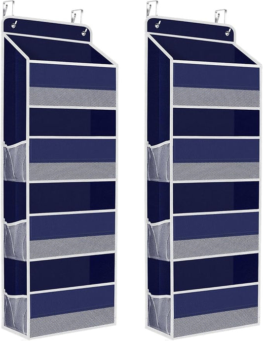2 Pack Over The Door Organizer, Hanging Storage Organizer with Clear Window, 40lb Ultra Sturdy Large Capacity Room Organizer for Pantry Laundry Bathroom Nursery Closet (Blue)
