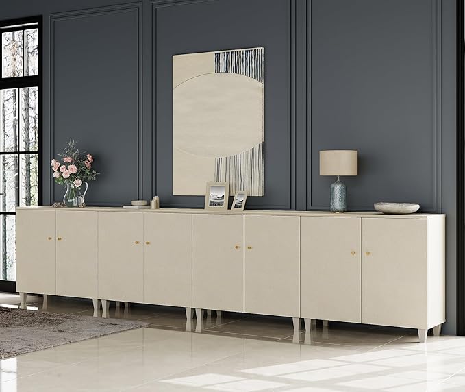 WAMPAT Storage Cabinets with Doors, Set of 4 Wood Sideboards Extra Wide Buffet Storage Cabinets, Accent Cabinets with 12 Compartments Shelf for Living Room, Dining Room, Kitchen, 2 Packs, Dark Beige