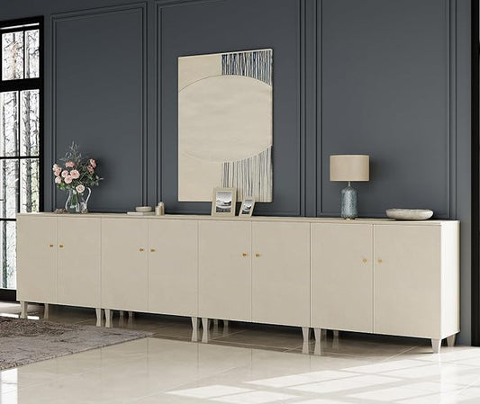 WAMPAT Storage Cabinets with Doors, Set of 4 Wood Sideboards Extra Wide Buffet Storage Cabinets, Accent Cabinets with 12 Compartments Shelf for Living Room, Dining Room, Kitchen, 2 Packs, Dark Beige