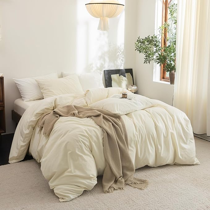 FOSSA Duvet Cover Set 100% Washed Cotton Linen Feel Super Soft Breathable Cozy 3 Pieces Bedding Sets Solid Cream White Queen