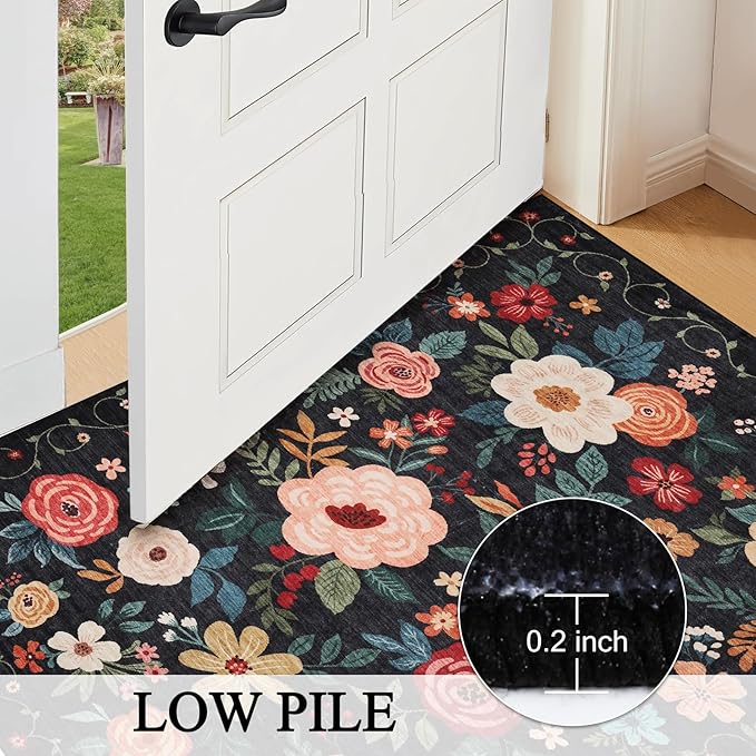 DUKINO 4x6 Feet Office Chair Mat, Lightweight Non Slip Washable Floral Area Rug, Indoor Low Pile & Non-Shedding Boho Design Rugs for Bedroom, Living Room, Dining Room, Black