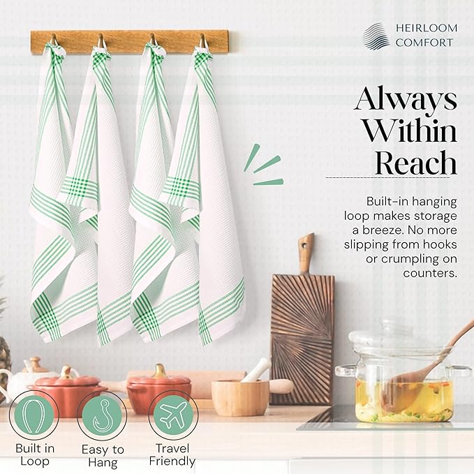 Dark Green Waffle Weave Kitchen Towels 3 Pack, 100% Cotton, 16x26 Inch, Ultra Absorbent, Quick Dry Dishcloths, Durable & Reusable Dish Towels for Home and Kitchen, Machine Washable