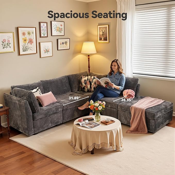 Modular Sectional Sofa, 130.7" L Shaped Couch Set for Living Room, 4-Seater Comfy Cloud Couches with Movable Ottoman, DIY Combination, Plush Corduroy, Gray