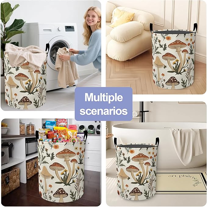 Laundry Basket,Retro Mushrooms Large Canvas Fabric Lightweight Storage Hamper Organizer Dirty Clothes Collapsible Waterproof for College Dorms,Bathroom