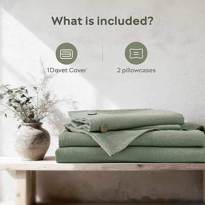 JELLYMONI Cotton Duvet Cover Queen Size - Sage Green Comforter Cover with Button 100% Washed Cotton 3PCS Breathable Soft Solid Bedding Set Duvet Cover 90×90in & 2 Pillowcases (NO Comforter)