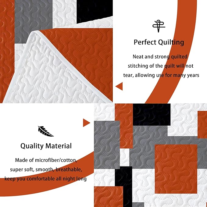 3 Piece Orange Grey Quilt Set California King Size Black White Gray Geometric Reversible Bedding Set Microfiber Lightweight Bedspread Coverlet with 2 Shams Bed Covers for All Season, 118''x106''