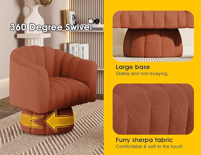 360 Degree Sherpa Swivel Cuddle Barrel Accent Sofa Chairs, Round Teddy Armchairs with Wide Upholstered, Furry Boucle Reading Chair for Living Room, Bedroom, Office, Waiting Rooms (Orange)