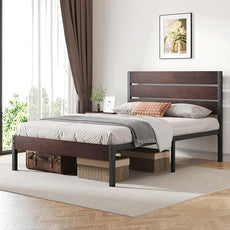 Full Bed Frame with Headboard and Footboard, with Under Bed Storage, All-Metal Support System, No Box Spring Needed, Easy Assembly, Red Brown