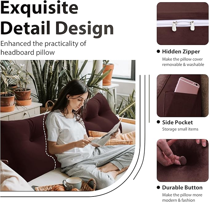 Bed Wedge Headboard Pillow - College Dorm Reading Pillow Back Support While Sitting in Bed - Ergonomic Lumbar Pillow Body Positioning Bed Pillow - Velvet Maroon 39IN