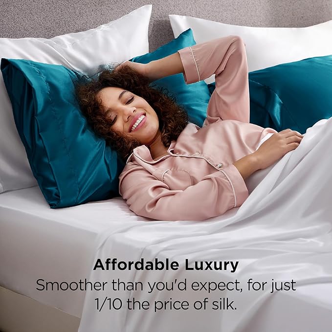 Bedsure Satin Pillowcases, Similar to Silk Pillow Cases Queen Size Set of 2, Pillow Case for Sleeping Women with Envelope Closure, Gifts for Women Men, Teal, 20x30 Inches, 2pcs