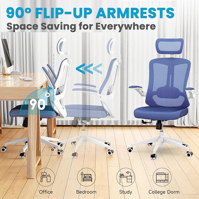 Ergonomic Office Chair - 400LB Comfy Desk Chairs with Adjustable Headrest and Lumbar Back Support, Mesh Computer Chairs with Wheels and Arms for Home Office, Study (669Blue-With Headrest)