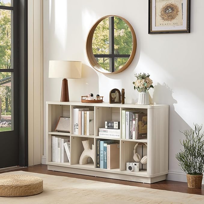 8 Cube Storage Bookcase, 52" Long Horizontal Book Shelf w/Curved Edge, Wood Floor Standing 2-Tier Cubby Console Bookshelf with Base, Modern Low TV Stand for Living Room, White Cream Oak