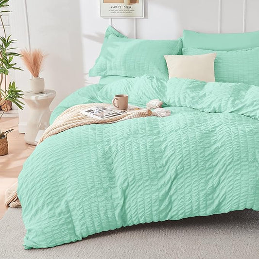 HYMOKEGE Mint Green King Size Comforter Set Seersucker 7 Pieces, All Season Luxury Bed in a Bag for Bedroom, Bedding Set with Comforter, Sheets, Pillowcases & Shams
