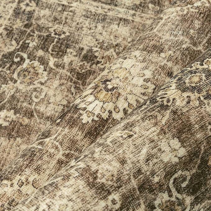 2x5 Washable Runner Rug for Kitchen Hallway Brown Vintage Non-Slip Low Pile Distressed Rustic Carpet Lightweight Vacuumable Soft Throw Rug for Indoor Entryway Bedroom