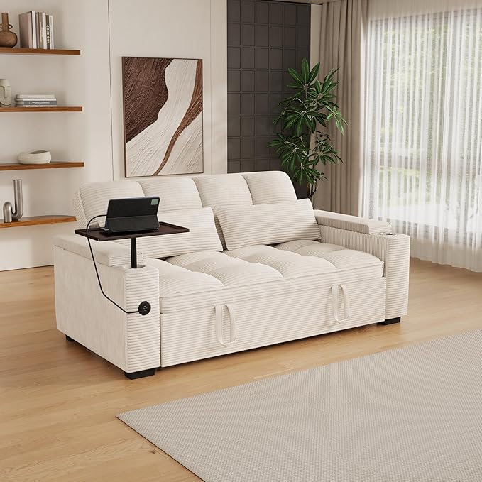 65" Sofa Bed, Loveseat 3-in-1 Sleeper Sofa with Pull Out Bed, 360° Swivel Side Table and USB, 2 Seater Convertible Small Couch for Living Room Apartment (Beige, Corduroy)