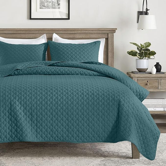 HORIMOTE HOME Quilt Queen Size Teal Blue, Lightweight Quilts for Summer Ultra-Soft Microfiber Modern Style Quilted Clouds Pattern Bedspread Quit Set 3 Pieces(1 Quilt and 2 Pillow Shams)