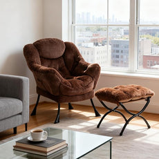 HollyHOME Lazy Chair with Foldable Ottoman, Accent Comfy Lounge Armchair and Folding Footrest Stool, Leisure Sofa Reading Chair and Footstool for Living Room, Bedroom, Dorm,Faux Fur Dark Coffee