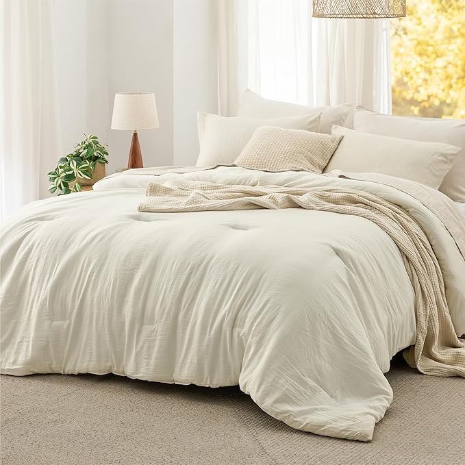 Bedsure Queen Size Comforter Set, Ivory Soft Prewashed Bedding for All Seasons, 3 Pieces GentleSoft™ Warm Down Alternative Bed Set, 1 Lightweight Comforter (90"x90") and 2 Pillowcases (20"x26")