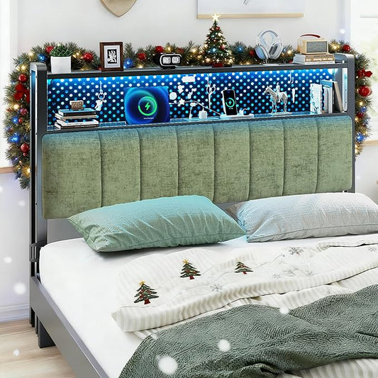 VINGLI Full Size Headboard Only, Adjustable Upholstered Headboard with 2 Tier Shelves and Pegboard with Charging Stations and LED Lights, Modern Bed Headboard with Storage for Bedroom Decor