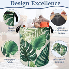Tropical Palm Leaves Laundry Hamper With Handle,Foldable Oxford Cloth Laundry Basket,20.8