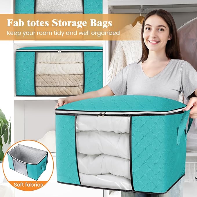 Fab totes 24 Gallons Clothes Storage, Foldable Thick Fabric Blanket Storage Bags, Containers for Organizing Bedroom, Closet, Clothing, Comforter, Organization with Handle (3 Pack,Green)
