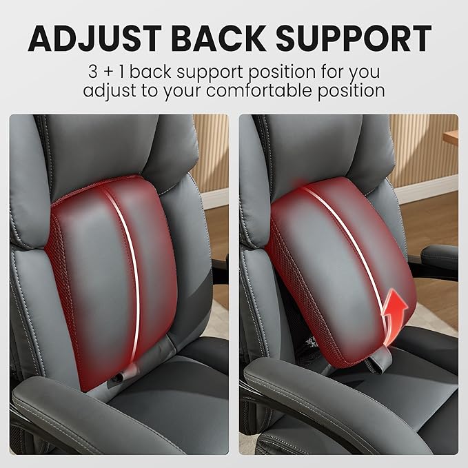 Massage Office Chair with Heat, Desk Chairs Executive with Foot Rest, Reclining Chair Big and Tall for Heavy People,4 Points Vibration 500lbs,Adjustable Lumar Support Grey