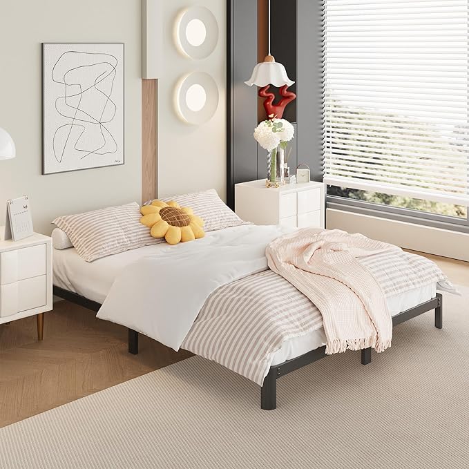 9 Inch Queen Bed Frame Rounded Corner Legs No Box Spring Needed, Heavy Duty Metal Queen Size Platform Bed Frame, Easy Assembly, Noise Free, Black
