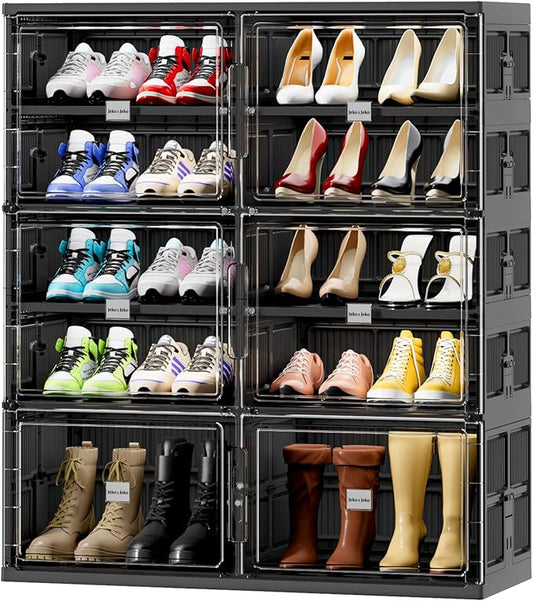 JEKO&JEKO 5 Tiers Foldable Boot Storage Shoe Rack Cabinet for Closet Entryway, Large Collapsible Shoe Organizer with Magnetic Doors (Black)