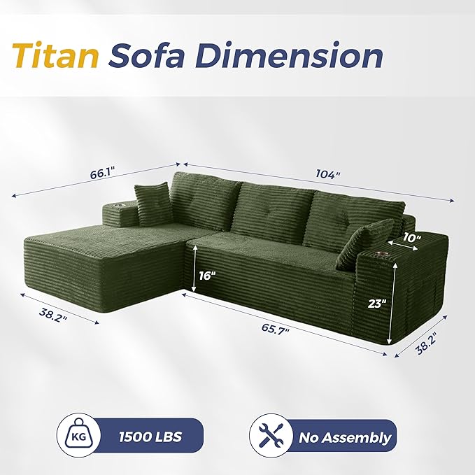 MAXYOYO 104" Modular Sectional Couch with L-Shape Chaise, Modern Boneless Couch for Living Room, Sofa in A Box, Oversized Sofa Sleeper with Deep Seat, No Assembly Required, Green