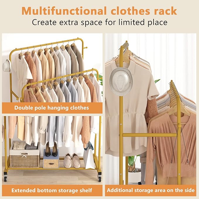 Laiensia Double Rods Garment Rack with Wheels, Clothing Rack for Hanging Clothes,4 Hooks, Multi-functional Bedroom Clothes Rack, Gold