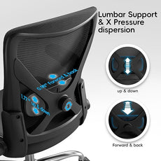 Office Home Ergonomic Desk Chair-Computer X-Shaped Chair Mesh PU Leather with Adjustable Lumbar Support-Executive Chair High Back Flip-Up Arms for Long Hours (Black-No Headrest)