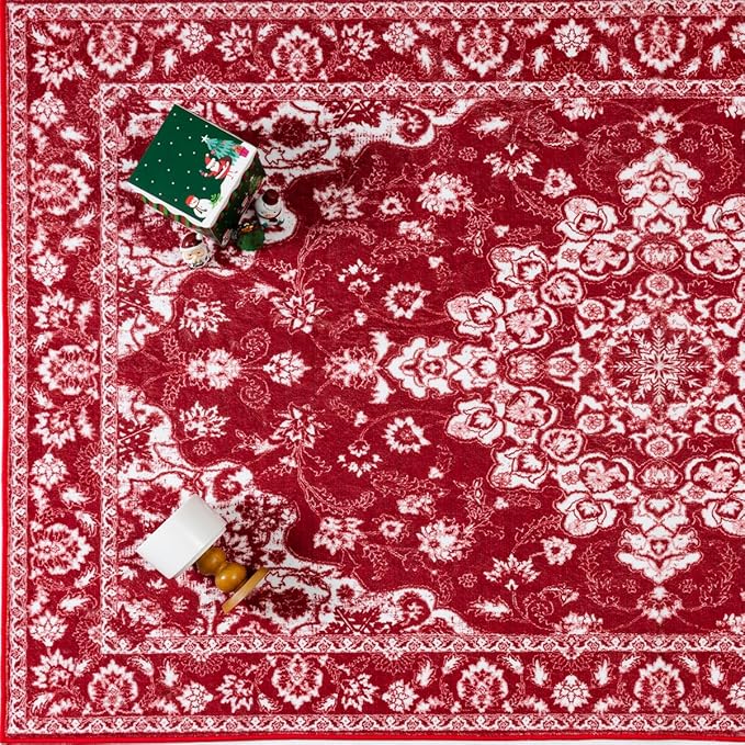 Christmas 3x5 Area Rug Red Xmas Floral Entryway Doormat Washable Non Slip Soft Low Pile Lightweight Neutral Mat for Living Room Bedroom Dining Room Bathroom