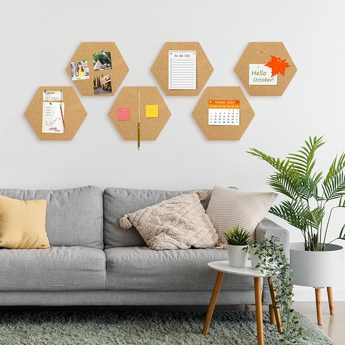 TUPARKA 4 Pack Cork Board Hexagon Bulletin Boards Cork Tiles 8.2"x7" - 1/4" Self-Adhesive Corkboards with 50 Push Pins Mini Wall for Wall Home School Office Decorative (4, 8.2''*7'')