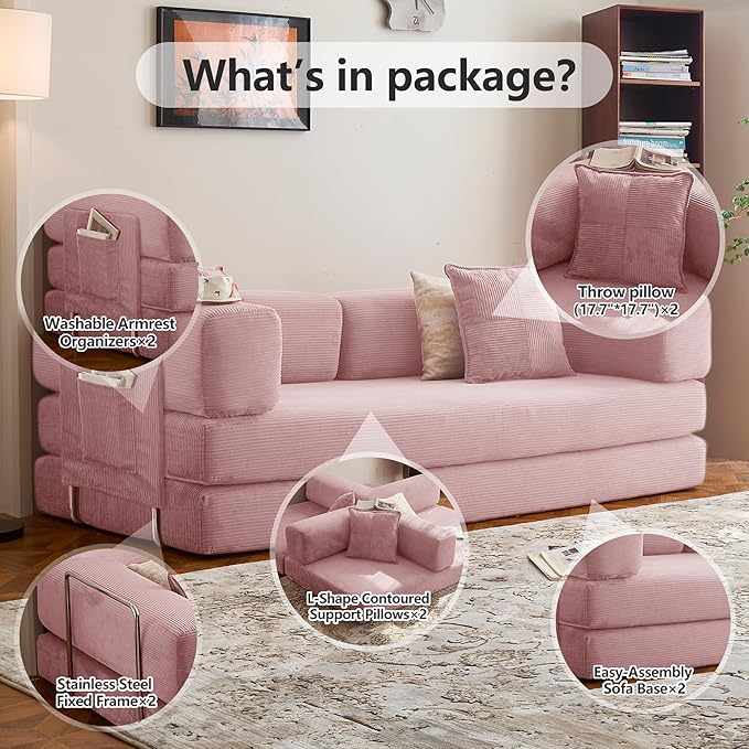 78.8" Convertible Sofa Bed -Compression Sofa with Corduroy Fabric - with Armrests and Backrest - Modular Sectional for Living Room, Bedroom, Studio - Compression Sofa in Box(Pink)