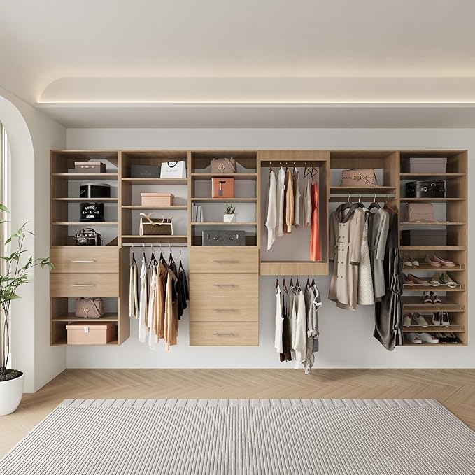 Modular Closet, 66" Wide Organizer With Hanging and Drawers, Wood Tower for Walk-In Closets, Wall-Mounted Wardrobe Organizer