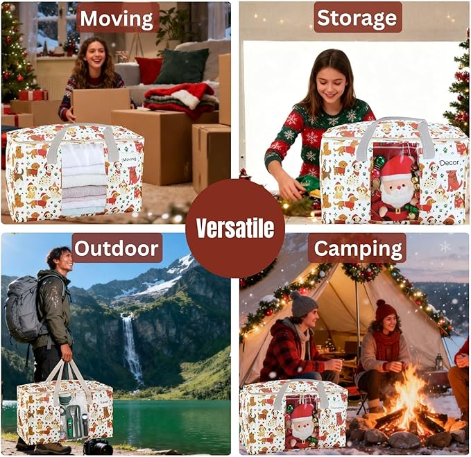 VENO 4 Pack Moving Bags, Large Christmas Storage Bins with lids, Packing Supplies for College, Alternative to Moving Boxes, Foldable, Heavy-Duty Tote, Christmas Pattern (Holiday Pups, 4 Pack)