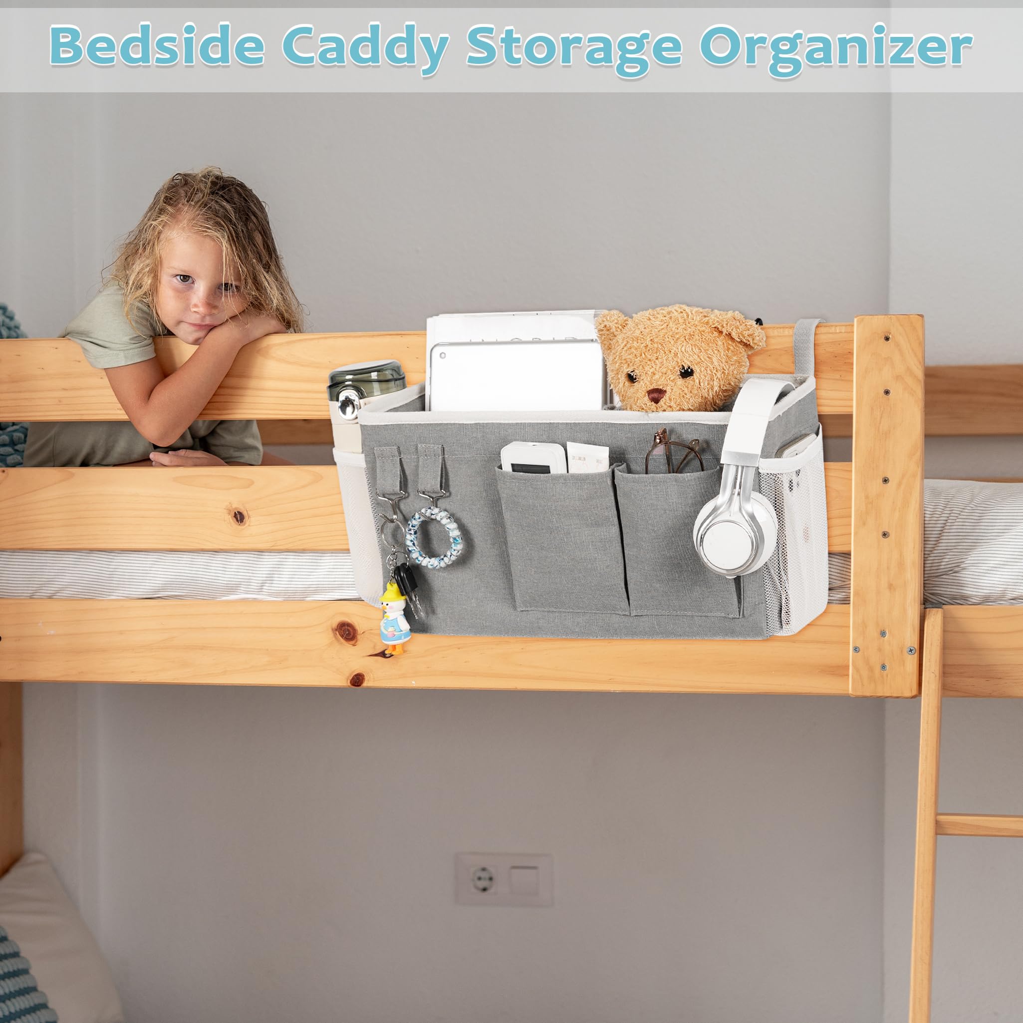 Loghot Bedside Caddy/Bedside Storage Bag Hanging Organizer for Bunk and Hospital Beds,Dorm Rooms Bed Rails,Can be Placed Glasses,Books,Mobile Phones,Keys (Light Pink) Dormly