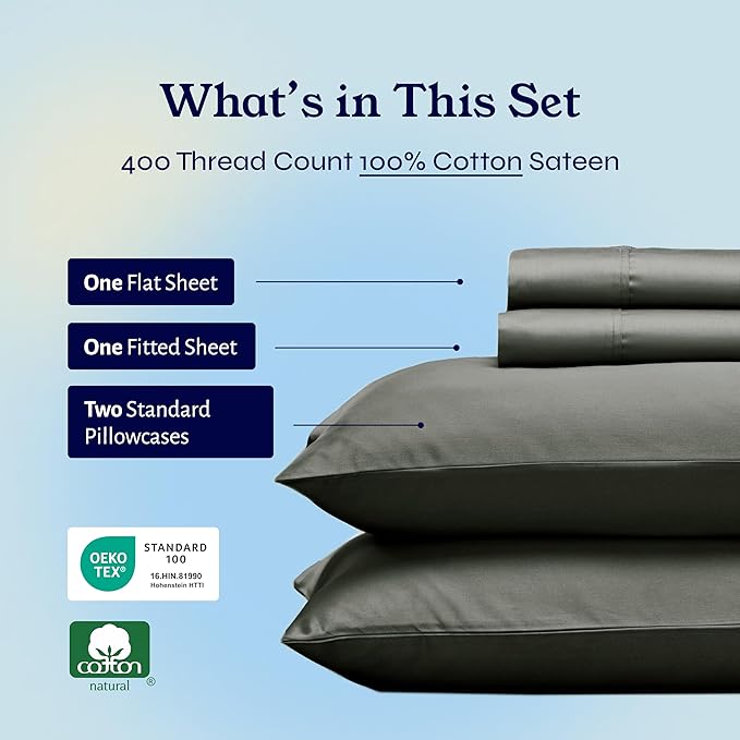California Design Den Natural 100% Cotton Sheets, Full Size Sheets Set, 400 Thread Count Sateen Bedding, Deep Pockets with All-Around Elastic for a Snug Fit, Durable Bed Set - Grey