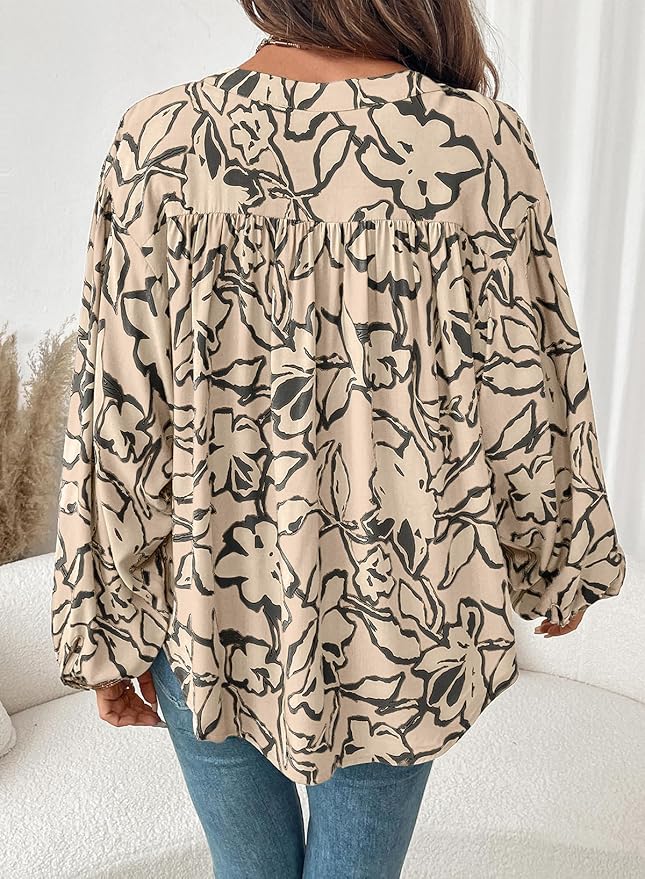 Astylish Womens 2026 Boho Floral Loose Spring Summer Tops Lantern Sleeve Flowy Blouses V Neck Button Down Shirts