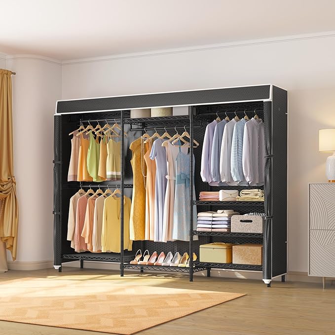 VIPEK V5C Plus Covered Clothes Rack Portable Wardrobe Closet, Heavy Duty Clothes Rack with Adjustable Shelves, Black Metal Clothing Rack with Black Upgarded Polyester Cover, Max Load 1040LBS
