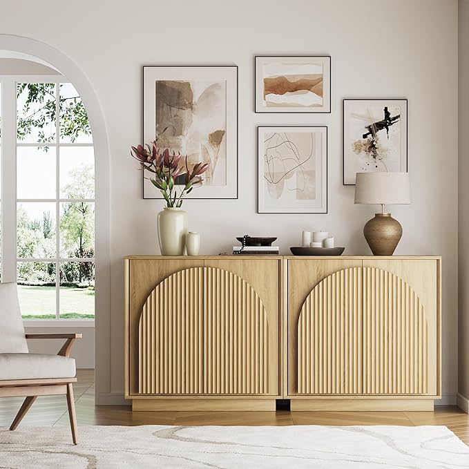 win2win Fluted Sideboard Buffet Cabinet with Storage, 31.5" Modern Boho Accent Cabinet with Double-Layered Arch Doors, Small Wood Console Credenza for Living Room, Dining Room, Entryway, Hallway, Oak