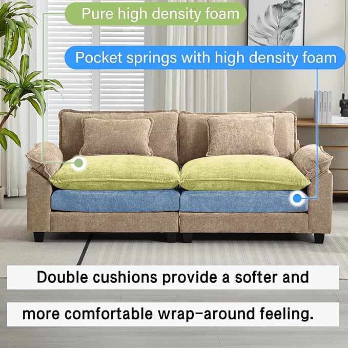 86" Modular Sectional Sofa, Comfy Cloud Couch Sectional Sofa, Chenille Sofa Sleeper Deep Seat Sofa with Throw Pillows for Living Room (Khaki, 86"- Loveseat)
